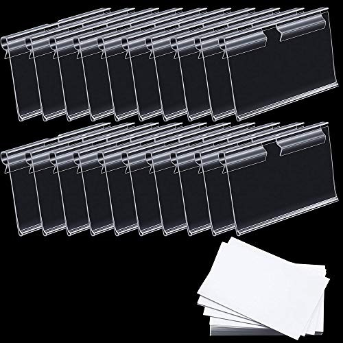 ILEBYGO 50Pcs Clear Plastic Label Holders Retail Price Label Holder Clip on Labels Holders Merchandise Sign Display Holder with 50 Label Papers Included for Storage Bins, Basket-6x4cm-