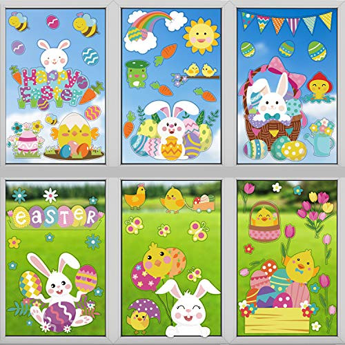 LOKIPA Easter Window Stickers, 6 Sheet Easter Bunny Window Clings Decorations for Easter Window Display