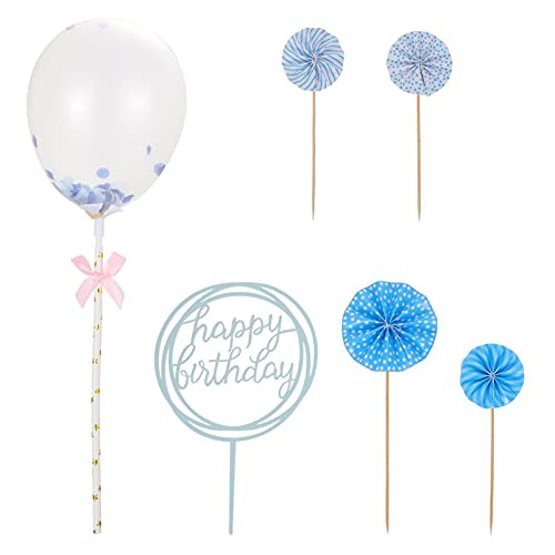 NUOBESTY 6pcs Cake Confetti Balloons Fan Cake Topper Balloon Cupcake Toppers Balloon Cake Picks Dessert Picks Happy Birthday Cake Topper Cake Decors -Blue-