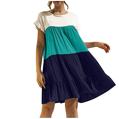 fine_fine Dress for Women Summer Bohemian Color Matching Stitching Round Neck Loose Ruched Dress Short Skirt fine_fine Dress for Women Summer Bohemian Color Matching Stitching Round Neck Loose Ruched Dress Short Skirt