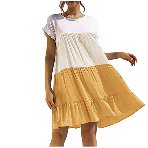 fine_fine Dress for Women Summer Short Sleeve Color Matching Stitching Round Neck Loose Ruched Dress Short Skirt fine_fine Dress for Women Summer Short Sleeve Color Matching Stitching Round Neck Loose Ruched Dress Short Skirt