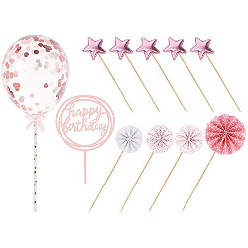 TOYANDONA Happy Birthday Cake Topper Star Cupcake Topper Paper Fan Balloon Toppers Cake Fruit Picks Cake Decoration for Birthday Baby Shower Party Decoration Supplies 1 Set