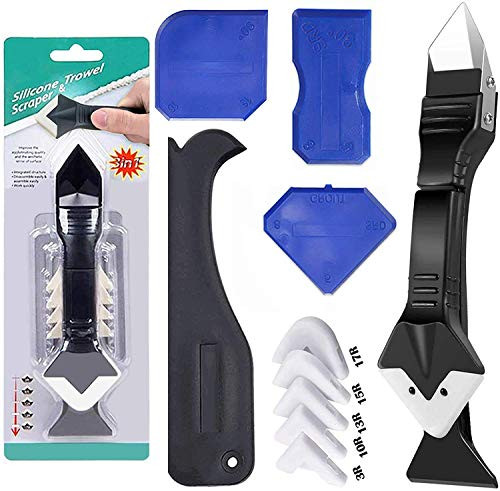 3 in 1 Silicone Caulking Tools?stainless steelhead?, Sealant Finishing Tool Grout Scraper, Reuse and Replace 5 Silicone Pads, Great Tools for Kitchen Bathroom Window, Sink Joint-11Pcs-