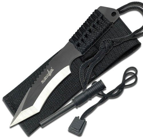 Survivor HK-759 Fixed Blade Knife, Two-Tone Tanto Blade, Black Cord-Wrapped Handle, 7-Inch Overall