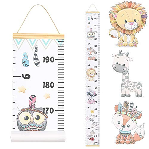 JJGoo Baby Growth Chart Hanging Ruler Wall Decor, Wood Frame Fabric Canvas Removable Height Measurement Ruler Wall Height Growth Chart for Kids Toddlers and Babies -Animal Pattern-