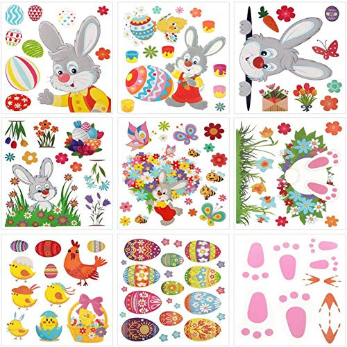 Easter Decoration, Easter Window Clings, Happy Easter Stickers Decor Bunny Easter Eggs Window Stickers Colorful Easter Decals Home Easter Party Ornaments -9 Sheets 110 Pieces-