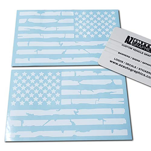 Az Auto Graphics Pair US Distressed American Flag Decal Sticker Die-Cut Grunge Car Truck Subdued Tattered Military (White)