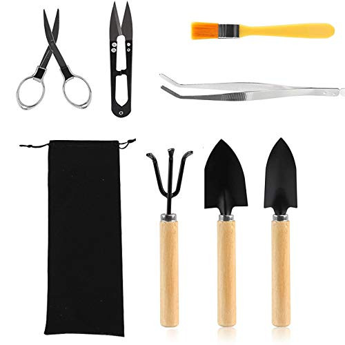FALIDI Bonsai Tool Kit -Kliwill 8 Pcs Basic Mini Garden Hand Tools Set Include Pruner, Fold Scissors, Mini Rake, Bud, Cleaning Brush  and  Leaf Trimmer