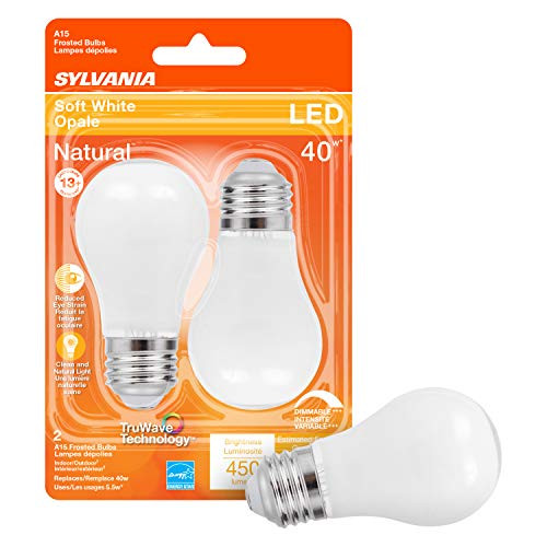 LEDVANCE Sylvania LED TruWave Natural Series Decor A15 Light Bulb, 40W Equivalent Efficient 5.5W, Medium Base Dimmable Frosted 2700K Soft White, 2 Pack -40762- LEDVANCE Sylvania LED TruWave Natural Series Decor A15 Light Bulb, 40W Equivalent Efficient 5.5W, Medium Base Dimmable Frosted 2700K Soft White, 2 Pack -40762-