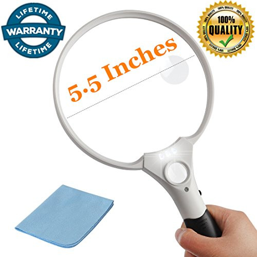 5.5 Inch Jumbo Reading Magnifying Glass with 3 LED Light for Seniors,Macular Degeneration- 2X 4X 25X Lens -Best Lighted Illuminated Handheld Magnifier Glass Jewelry Loupe