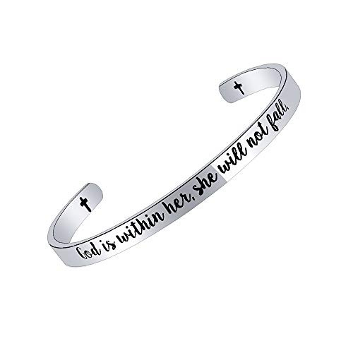SUNSH God is Within Her She Will Not Fall Cuff Bracelet Bible Verse Cross Bangle for Women Teen Girls Couple Mantra Quote Christian Religious Inspirational Lover Gift Silver