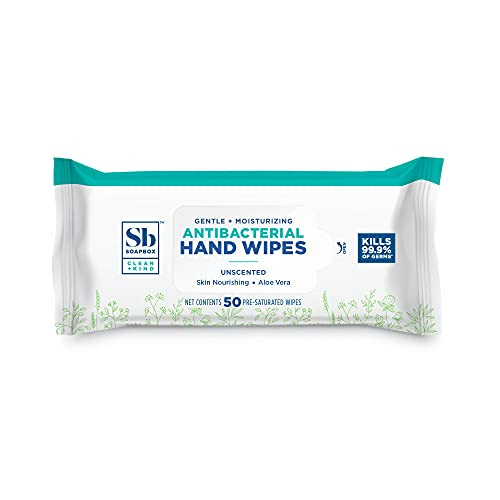 Soapbox Antibacterial Hand Wipes, Kills 99.9 percent of Germs, Hand Sanitizer Wipes with Moisturizing Aloe Vera -50 Wipes Per Pack, Pack of 1-