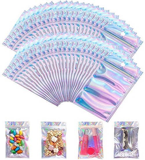 100 Pieces Resealable Smell Proof Bags Foil Ziplock Bags with 24 Labels, Flat Clear Ziplock Food Storage Bags Pouch Aluminum Foil Bags Plastic Packaging Foil Bags
