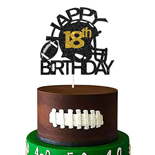 Aonbon Black  and  Gold Glitter Football Happy 18th Birthday Cake Topper, Football 18th Birthday Party Decoration, Football Theme Happy 18th Birthday Party Supplies -18th-