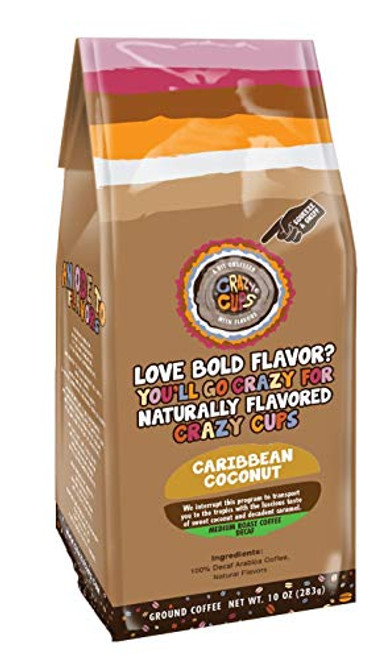 Crazy Cups Decaf Flavored Ground Coffee, Caribbean Coconut, in 10 oz Bag, For Brewing Flavored Hot or Iced Decaf Coffee