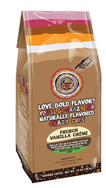 Crazy Cups Decaf Flavored Ground Coffee, French Vanilla Crème, in 10 oz Bag, For Brewing Flavored Hot or Iced Decaf Coffee Crazy Cups Decaf Flavored Ground Coffee, French Vanilla Crème, in 10 oz Bag, For Brewing Flavored Hot or Iced Decaf Coffee