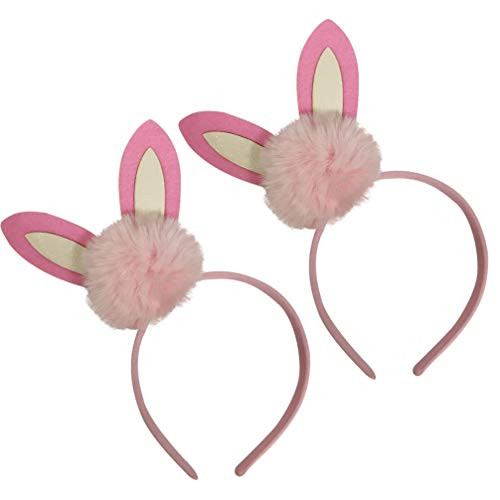 Amosfun 2pcs Easter Bunny Ears Headband Fluffy Pink Easter Bunny Ears Headband Pom Pom Ball Easter Headpieces Dress Up Cosplay Costume