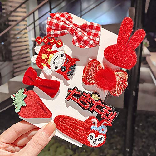 ZHUPI Chinese Style Hair Clips Set Hairy Furry Balls Barrettes with Red Bows New Year Cow BB Clip for Girls-D-
