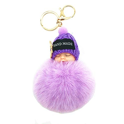 Faux Fox Fur Pom Pom Sleeping Baby Keychain Purse Bag Charm Fluffy Ball Key Chain for Women Bag or Cellphone or Car Pendant -Purple-