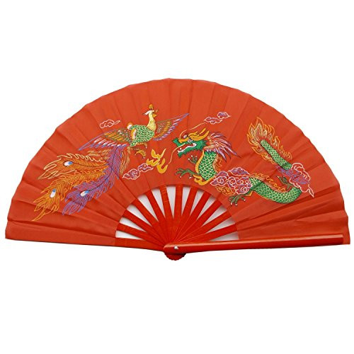 Chinese Tai Chi Martial Art Kung Fu Bamboo Dragon and Phoenix Fan Red