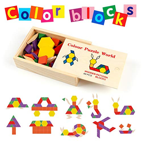 LiteBee Shapes Wooden Pattern Blocks Tangram Puzzle Toys (60-Pieces)