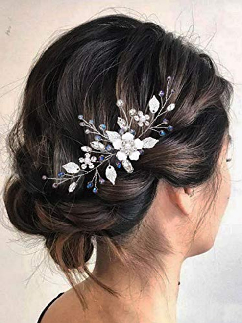 Easedaily Flower Bride Wedding Hair Comb Silver Crystal Hair Piece Leaf Headpieces Breath Side Combs Rhinestone Bridal Hair Accessories for Women and Girls