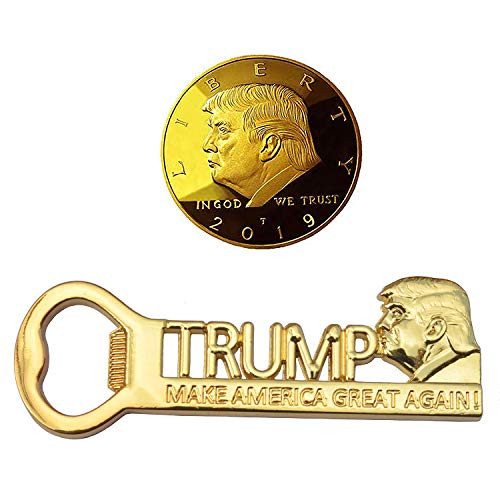 [ Trump Fan Gift ] 45th President Donald Trump Make America Great Again Bottle Opener/Fridge Sticker, Donald Trump Challenge Coin 2019, Gold Plated Collectable Coin