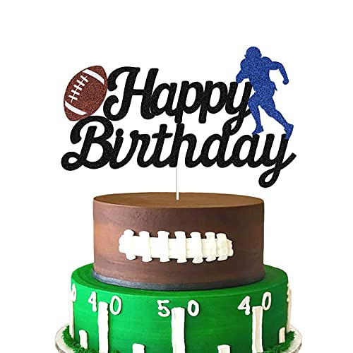 Football Cake Topper - Happy Birthday Cake Topper for Football / Sport theme Birthday Party decoration -Black Glitter-