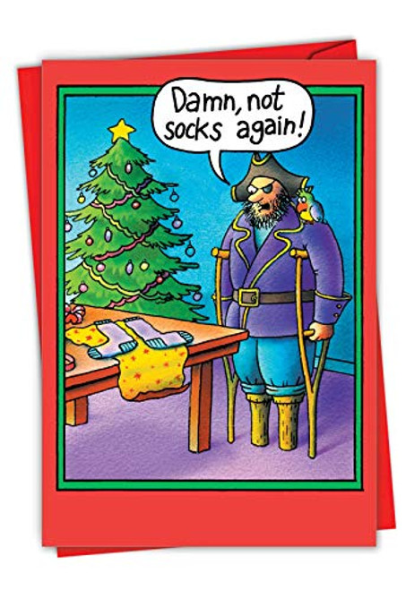 Peg Leg Socks - Funny Pirate Christmas Greeting Card with Envelope -4.63 x 6.75 Inch- - Pirate and Parrot Xmas Gift, Happy Holidays Card for Kids, Adult - Cartoon Season's Greeting Stationery 5709