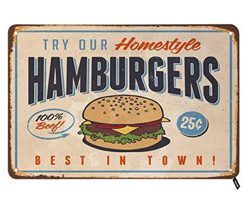 Swono Hamburgers Tin Signs,Try Our Homestyle Hamburgers Best in Town Vintage Metal Tin Sign for Men Women,Wall Decor for Bars,Restaurants,Cafes Pubs,12x8 Inch