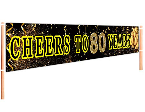 Large Cheers to 80 Years Banner - Happy 80th Birthday Banner - Black Gold 80th Birthday Party Supplies Decorations - 80th Birthday Party Backdrop - 9.8 x 1.6FT