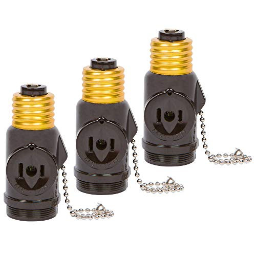 Simba Lighting E26 Light Bulb Socket Adapter Black -3 Pack- with 2 AC Outlet Plugs and Pull Chain Switch to Control Light Bulb for Indoor and Outdoor Use in Attic, Basement, Garage, Medium Screw Base