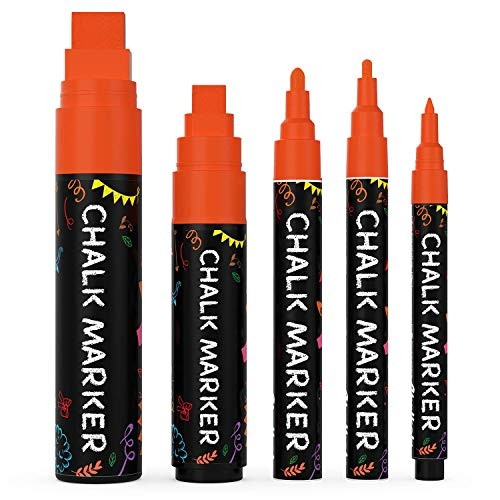 5 Orange Chalkboard Chalk Markers - Orange Dry Erase Markers for Blackboard, Chalkboard Signs, Windows, Glass - Variety Pack - Fine  and  Jumbo Size Ink Pen -1mm, 3mm, 6mm, 10mm, 15mm-