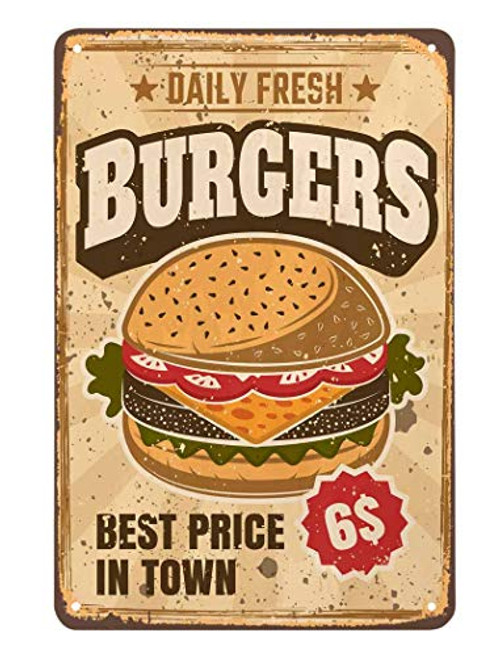 AOYEGO Burgers Tin Sign,Daily Fresh Fast Delicious Food Best Price in Town Vintage Metal Tin Signs for Cafes Bars Pubs Shop Wall Decorative Funny Retro Signs for Men Women 8x12 Inch AOYEGO Burgers Tin Sign,Daily Fresh Fast Delicious Food Best Price in Town Vintage Metal Tin Signs for Cafes Bars Pubs Shop Wall Decorative Funny Retro Signs for Men Women 8x12 Inch