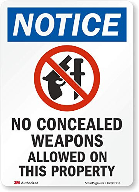 SmartSign - U1-1012-RD_5x7 3M Engineer Grade Reflective Label, Legend "Notice- No Concealed Weapons Allowed on Property" with Graphic, 7" high x 5" wide, Black/Blue/Red on White 5" x 7" Reflective Vinyl Label SmartSign - U1-1012-RD_5x7 3M Engineer Grade Reflective Label, Legend "Notice- No Concealed Weapons Allowed on Property" with Graphic, 7" high x 5" wide, Black/Blue/Red on White 5" x 7" Reflective Vinyl Label