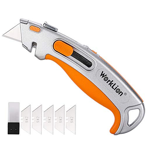 WORKLION Heavy-Duty Utility Knife Retractable- Zinc Alloy Body  and  Rubber Grip Handle  and  Retractable 3 Position  and  Blades Storage Design  and  Extra 5 Blades Refills - Safe Box Cutter