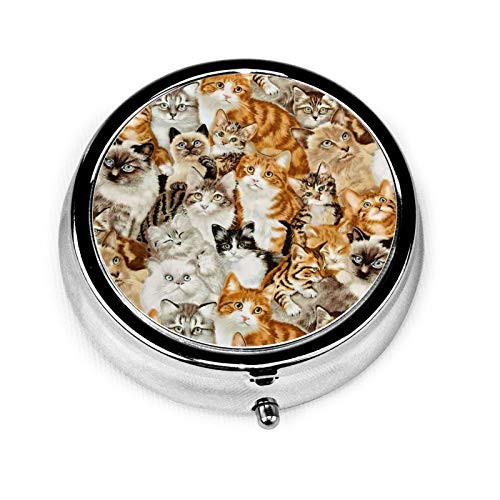 Cute Cat Pill Box Personalized Design New Silver Round Pill Box Decorative Metal Medicine Vitamin Organizer Unique Gift for Pocket Purse and Travel