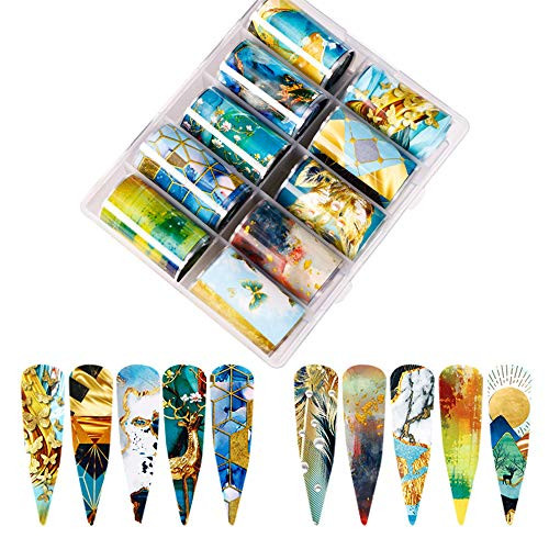 Marble Nail Art Foil Transfer Stickers, 10 Colors Holographic Marble Nail Transfers Marble Printed Nail Foil Wraps Nail Art Foil Decals for Nail Art Decorations Acrylic Nails Designs