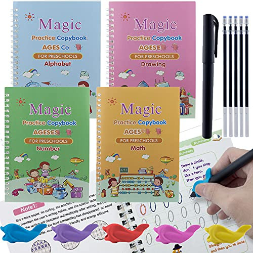 4 Pack English Practice Copybook, Magic Calligraphy Copybooks That Can Be Reused Handwriting Copybook Set with Pen Refills  and  Grips - Alphabet Drawing Number Math Learning
