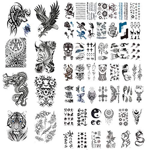 55 Sheets Black Waterproof Temporary Tattoos For Men Adults Ealge Dragon Lion Wolf Animals, Fake Small Temporary Tattoos For Women Neck Arm Thigh, Words Lines Flowers Skull Tattoo Sticker For Kids Children Boys Girls Tatoos -Black-