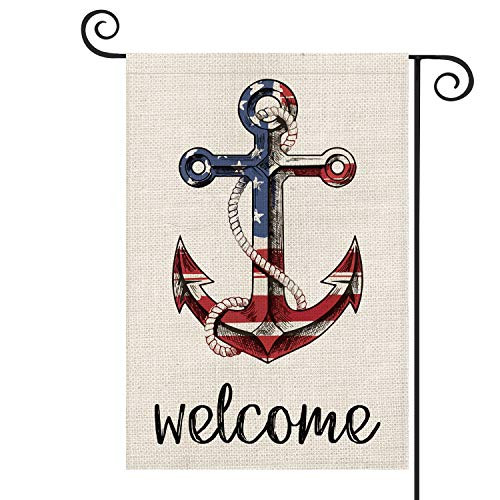 AVOIN Welcome American Flag Anchor Garden Flag Vertical Double Sided Patriotic Strip and Star, 4th of July Memorial Day Independence Day Flag Yard Outdoor Decoration 12.5 x 18 Inch