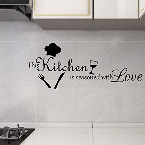 This Kitchen is Seasoned with Love Wall Decal, Removable Vinyl Kitchen Quotes Wall Decor Stickers, DIY Art Mural for Dining Room Home Kitchen Window Decoration-Black-