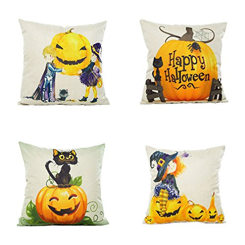 PSDWETS Happy Halloween Decorations Cute Watercolor Kids,Cat and Pumpkin Pillow Covers Set of 4 Home Decor Cotton Linen Throw Pillow Covers Cushion Cover 18 X 18