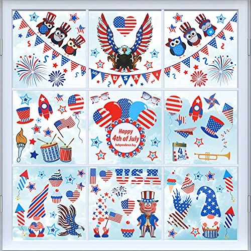 9 Sheets 4th of July Window Clings Window Stickers Decals Independence Day Gnome Dwarf Decor Double Sided Removable USA July 4th Supplies for Patriotic Day Window Decorations