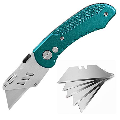 Folding Utility Knife Multipurpose Box Cutter, Quick Change, Easy Release Button, Belt Clip, Safely Lock-Back Design, Lightweight Aluminum Handle with 5 Extra Blades -Green-