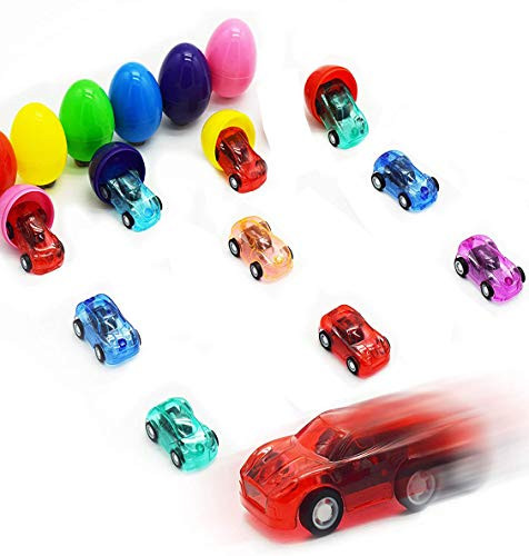 Nyicey 10 Pack Fillable Plastic Easter Egg with Mini Pull Back Vehicles for Easter Theme Party, Favor Easter Eggs Hunt, Basket Stuffers Fillers, Classroom Prize -10-