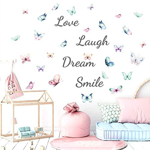 DIY Colorful Butterfly Wall Decal Love Laugh Dream Smile Quotes Wall Sticker, LASZOLA Removable Watercolor Butterflies Home Nursery Decor Art Murals Paper Decoration for Bedroom Living Room