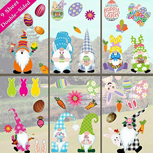 Ninge 9 Sheets Easter Window Clings Decorations,Elf Gnome Bunny Rabbit Carrot Egg Window Stickers Decals Decor for Home,Office,School Party