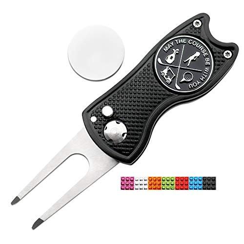 CoverMay Foldable Golf Divot Repair Tool and Golf Ball Markers Set -Black Divot Tool-Black Marker-