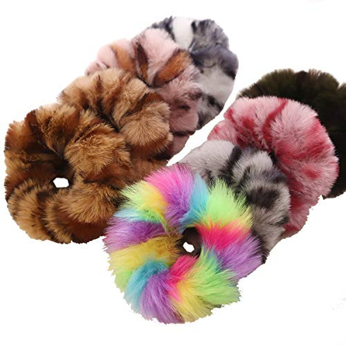8Pcs Fuzzy Furry Artificial Rabbit Fur Faux Fur Hair Band Rope Pompom Ball Scrunchies Elastic Hair Ring Hair Tie Ponytail Holder Hair Accessories for Women Girls Gift -8 Colors-
